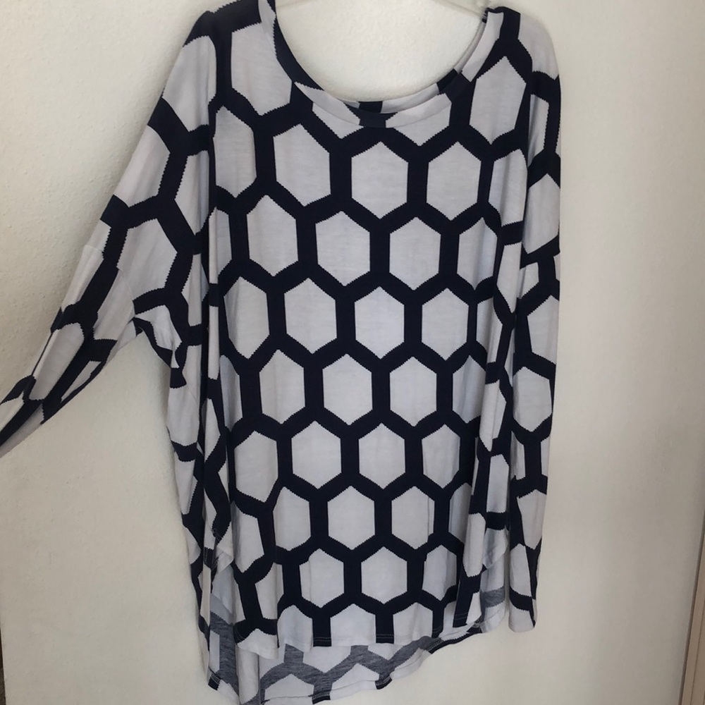 Blue and White. Hexagon Patterned, Long-Sleeve Top